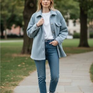 Cyn & Luca Greenish Blue Boucle Faux Sherpa Shacket/Jacket Button-Up Thick -Sz L